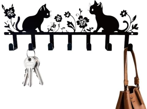Genérico Porte-clés avec crochets pour chats et fleurs, support mural pour clés de chat, crochet pour manteaux en fer, jolie décoration murale pour salle de bain, entrée de porte