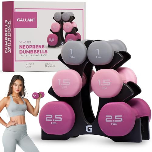 Gallant® Neoprene Dumbbells Set Women – Hex Hand Weights for Women with Storage Rack - Anti-Slip Grip, Durable Coating Dumbbell Set - Home Gym Weights Set (1kg 2kg 3kg 4kg 5kg 6kg 8kg 10kg Pair)