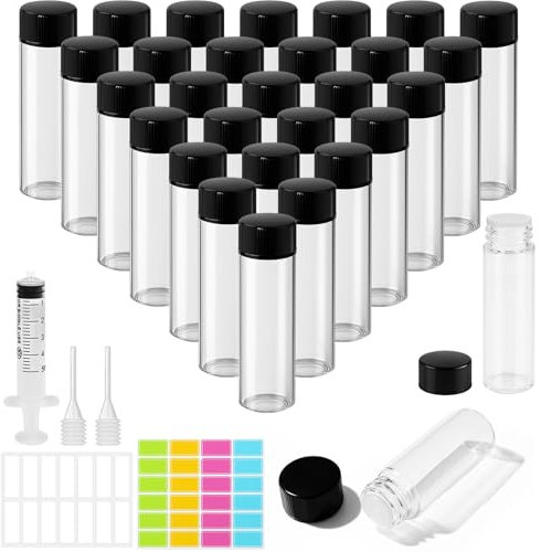 MirraSwit 30Pcs 5ml Flacons à Echantillons, Transparent Flacon Huile Essentielle Vide, Mini Bouteilles en Verre avec Seringue, Compte Gouttes, Etiquetage pour Huile Essentielle Spa Massage