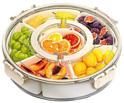 KBIBCK Snackbox mit Fächern, Snack Spinner, Snackteller mit Deckel, Snackschale mit Deckel und Griff, Tragbare Snackdose mit 6 Schüsseln für Party Familien, Geeignet zur Gewürzbehälter Nüsse Obst Keks