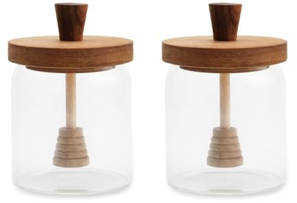 LERANXIN Honigglas, 2 Stück Honiggläser, 400 ml Transparent Honigbehälter, mit Integrierter Bienenschaufel und Deckel, Honigspender Tropffrei Glas, für Bienen, Marmeladen, Sirupe
