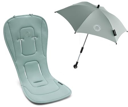 Bugaboo Sommer Accessoire Set: Duo-Komfort Sitzauflage für vier Jahreszeiten und Sonnenschirm+, kompatibel mit allen Bugaboo Modellen, für optimalen Schutz gegen Sonnenstrahlen, Pine Green