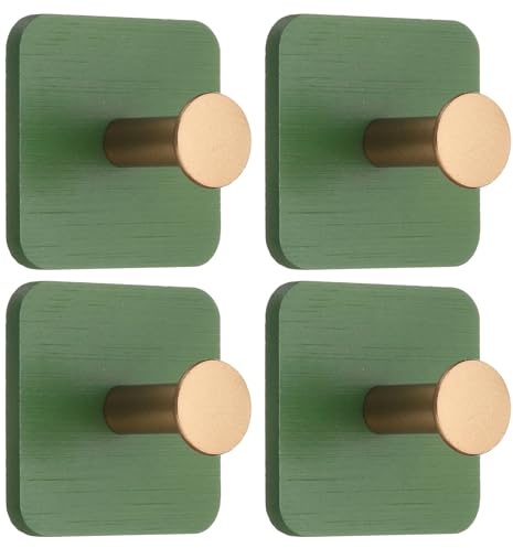 uxcell Lot de 4 crochets muraux autocollants en bois robustes pour chambre à coucher, cuisine, salle de bain, manteau, peignoir, vert/doré (carré, crochet simple)