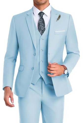 Mrbuerly Herrenanzug, 3-teilig, schmale Passform, Business-Jacke, Weste, Hose mit Krawatte, 2 Knöpfen, Abschlussball, Smoking, Xs/3630, Himmelblau, 4XL