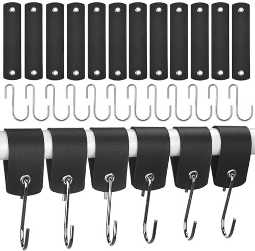GGXZHT S Haken Schwarz mit Lederschlaufe 12 Stück, kleiderhaken garderobenhaken,Haken zum Einhängen Metall,für GarderobeKüche kleiderstange stange Badezimmer Camping.