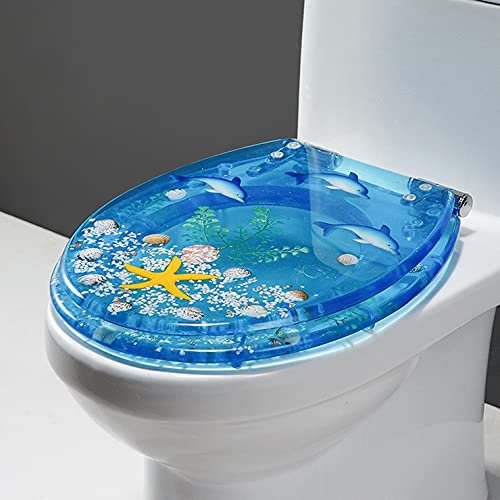 Transparente Toilettensitzdeckelbezüge, Standard-Toilettensitz aus Kunstharz mit Chromscharnieren, runder Toilettensitz der 3D-Ocean-Serie für U/V/O-Toiletten (Farbe: Delphin)