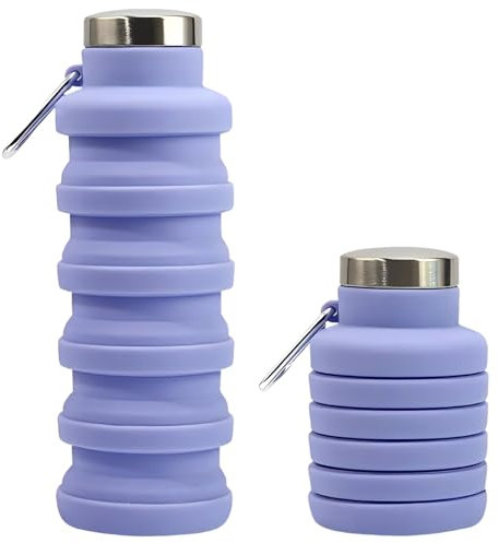 TSLBW Faltbare Silikon Wasserflasche, 500ml BPA-Frei, Kollabierbare Silikon Wasserflaschen, Faltbarer Sport Auslaufsicher Trinkflaschen für Outdoor Reisen Camping Wandern Fitness (Violett)