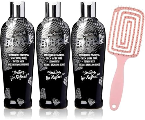 Bodaciously Black 50XX Ultra Dark Tanning Lotion 250ml – 3 Pack, with Detangling Hairbrush – Ultra Moisturizing Instant Bronzing Lotion for Indoor/Outdoor Use