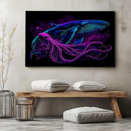 Générique Peinture à l'huile Violet Affiche Toile Art Mural Peinture, Tableau sur Toile Poulpe Baleine Néon Fantastique pour Décoration de Salon Décoration d'intérieur 160 x 80 cm (L x l) Sans Cadre