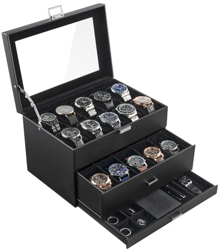 ProCase 3 Ebenen Uhrenbox Uhrenkoffer Watch Box mit 20 Fächern | Außenmaterial aus PU, Innenfutter aus Samt, Schmuckaufbewahrung mit Schublade