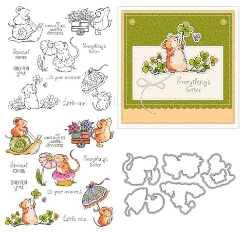 Happy Little Mouse Stempel und Stanzformen für Kartenherstellung, Tiermotiv, transparent, Silikon, transparent, Stempel und Metall-Stanzformen, Sets für DIY, Scrapbooking, Papierbasteln, Siegel