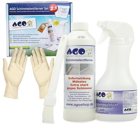 AGO Schimmelentferner Set 2in1 – Haushaltshelfer gegen Schimmel, Stockflecken und Bakterien an der Wand, im Bad, & in der Sauna – Anti Schimmel Bleichmittel für Dusche, Silikonfugen, Vorhänge