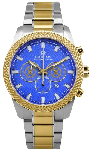 LOUIS XVI Mirage 3341 - Ø 43 mm - Herren Uhr - Chronograph - Wasserdicht - Armband Bicolor Silber Gold - Zifferblatt Blau