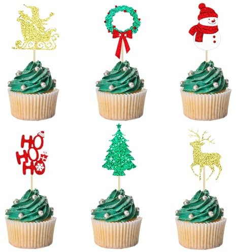 Weihnachten Cupcake Toppers, 24 PCS Christmas Cake Topper, Glitter Merry Christmas Kuchen Toppers, Weihnachten Kuchen Topper, für Winter Weihnachts Thema Party (C)