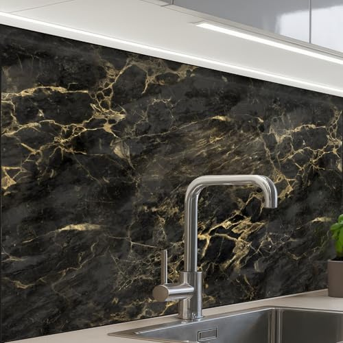 KitchenYeah© Splashback for Kitchen self-Adhesive Sink Splash Splatter | 24x32 / 60x80 cm - Guard Splashbacks Walls Black - Marble - Gold - Nerf