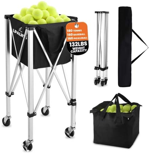 Pickleball Tennis Ball Hopper-Foldable Lightweight Tennis Cart Holds 180 Tennis/160 Pickleballs with Removable Bag,Wheels,Side Pocket for Training/Teaching, for Tennis/Pickleball/Baseball/Softball