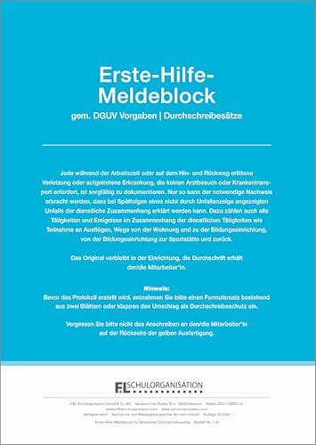 F&L Erste-Hilfe-Meldeblock für Mitarbeiter/innen von Bildungseinrichtungen