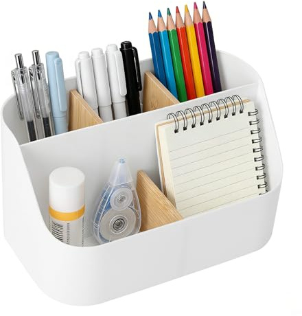 XRVRILE Schreibtisch Organizer Weiß mit Bambus Trennwänden – Flexibel anpassbarer Desk Organizer mit 2–5 Fächern Organizer Büro Stiftehalter Schreibtisch für Home Office Kosmetik Fernbedienungen
