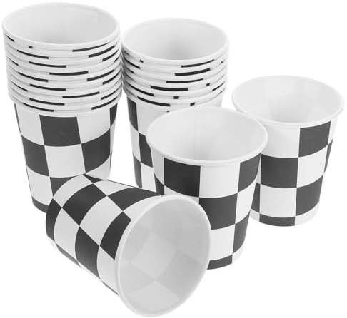 Hohopeti Lot de 20 Gobelets en Papier 250 Ml Motif Course Automobile Noir et Blanc, à Usage Unique pour Fête D’anniversaire, Mariage et Banquet, Décorations Racing Party Adaptées