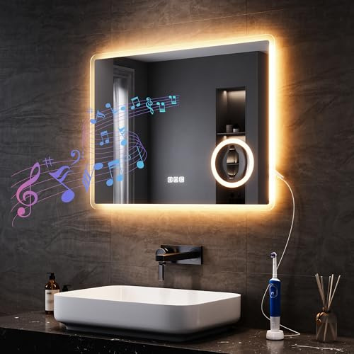 SONNI LED Badspiegel mit Bluetooth 80x60 cm, Badezimmerspiegel mit Beleuchtung, Touch, Steckdose, 3 Lichtfarben, Anti-Beschlag & Gedächtnisfunktion, 3-Fach Vergrößerung