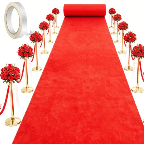 DASIAUTOEM Roter Teppich Läufer 1 x 5 m, Rutschfester Red Carpet mit 10 Meter Klebeband VIP Event Rot Teppich, Hochzeitsteppich, Messeteppich, für Dekoration, Karneval, Mottoparty, VIP, Party Flur