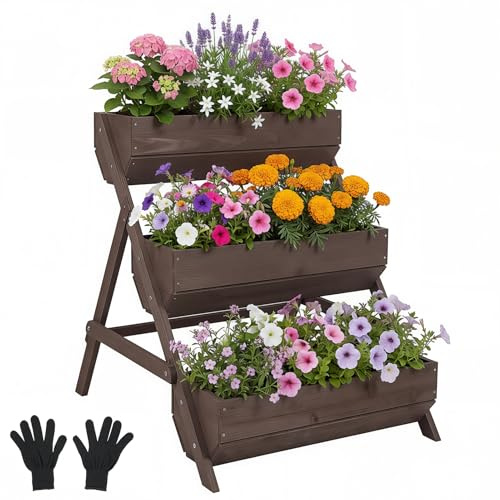 Warmiehomy 3 Tier Wooden Planter with Gloves, Elevated Raised Garden Bed with Drainage Holes, Outdoor Vertical Planter Box for Patio, Balcony, Backyard, 65 x 75 x 76 cm, Tan