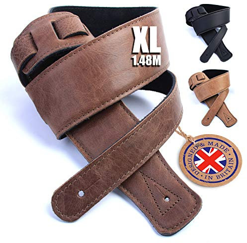 British Handmade Real Leather Guitar Strap: Finest Ultra Soft Italian Nappa Leather, 148cm long Foam Cushion Padded Guitar Belt - Suits Electric, Bass or Acoustic Instruments (inc Semi/Electro)