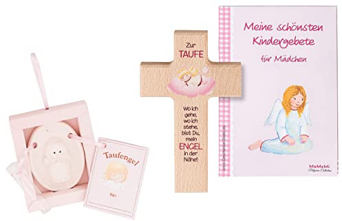 MaMeMi TAUFGESCHENK-SET für MÄDCHEN – mit KINDERKREUZ, SCHUTZENGEL aus TON und GEBETSBÜCHLEIN – Erinnerung zur HEILIGEN TAUFE – Taufgeschenke