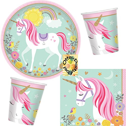 HHO Magical Unicorn Magisches Einhorn Partyset 32tlg. für 8 Kinder Teller Becher Servietten