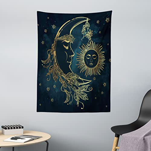 ABAKUHAUS Ägypten Wandteppich, Mond mit Boho Federn aus Weiches Mikrofaser Stoff Waschbar ohne Verblassen Digitaldruck, 110 x 150 cm, Gelb Petrolblau