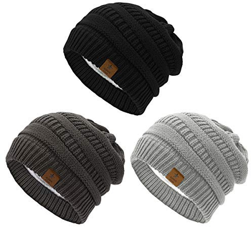 Durio Mütze Damen Winter Strickmütze Grobstrick Warme Beanie mit Innenfutter Schwarz Grau u. Hellgrau