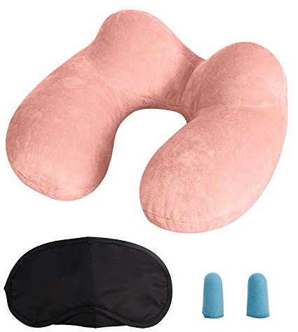 LUZWAY Oreiller de Voyage Gonflable avec Double Vanne,Coussin de Cou Gonflable de Velours Doux et Housse Lavable avec Bouchon d'oreille et Masque pour Les Yeux