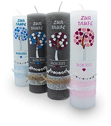 Taufkerze Grau Lebensbaum für Jungen und Mädchen - personalisiert mit Name und Datum, Rustikal - handgemacht in blau oder rosa 250 x 70 mm