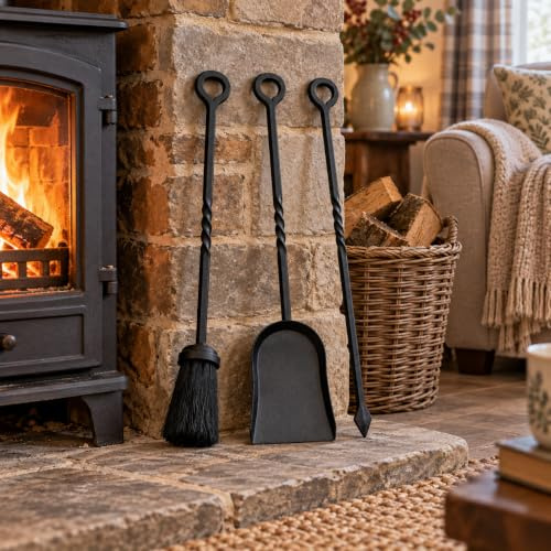 Set of 3 - Fireplace Tools Poker Shovel Brush Black Cast Iron Fireside Companion Set