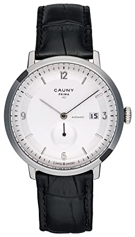 CAUNY - Uhr für Herren - Analoguhr - Prima Automatic Silver Limited Edition - Swiss Made Uhrwerk - Lederarmband - 3-Stunden-Funktion mit Datum - 10 ATM - Hergestellt aus Hochpräzisen 316L Stahl