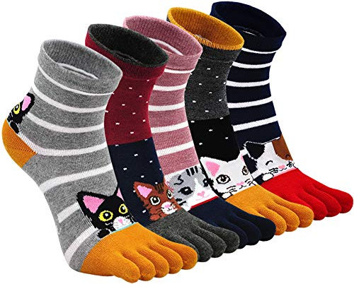 ZFSOCK Zehensocken Damen Baumwolle Bunt Sport Five Finger Socken Zehen Einzeln Lustig Tiere Muster Laufen Socken 36-41, 5 Paare(4/7 Jahre)