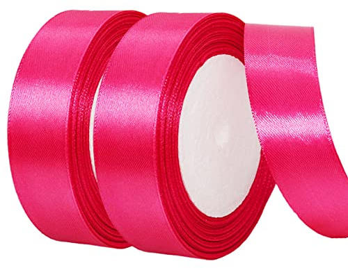 2 x 25mm Wide Hot Pink Ribbon Thick Magenta Wedding Car Ribbon 22m, 1 inch Thick Hot Pink Satin Ribbon for Gift Wrapping Wedding Xmas Birthday Cake Hair Bow Florist Bouquet Crafts Decorations