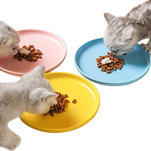 3 Pcs Ceramic Cat Feeding Bowls Ceramic Pet Bowls for Cats 15cm Wide Shallow Cat Dish Whisker Fatigue Free Cat Food Bowl Pink Blue Yellow Cat Food Water Dish for Kitten Kitty Dog Pets