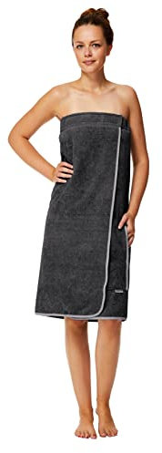 Sowel® Saunakilt Damen, 100% Bio-Baumwolle, Saunahandtuch mit Klettverschluss und Gummizug, Saunatuch Knielang, 80 x 130 cm, Anthrazit/Grau