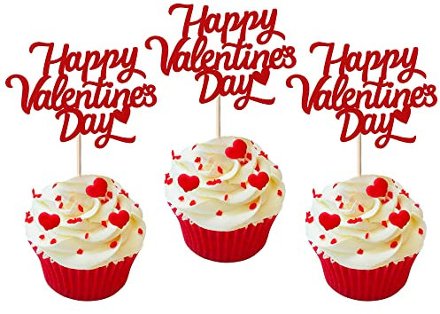 Pack of 24 Happy Valentine's Day Cake Toppers with Lips Love Heart Valentine's Day Cake Decorations for Valentine's Day Theme Wedding Birthday Party Cake Decorations Red