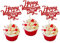 Pack of 24 Happy Valentine's Day Cake Toppers with Lips Love Heart Valentine's Day Cake Decorations for Valentine's Day Theme Wedding Birthday Party Cake Decorations Red