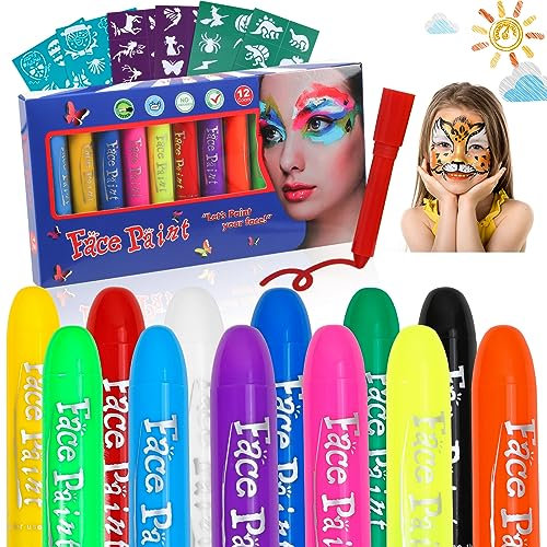 Maquillage Enfant,12 Couleurs Crayons,Maquillage Carnaval Enfant,Visage Peinture, Peinture Visage Enfant avec 55 Pochoirs, Maquillage Enfant pour Halloween, Carnaval, Pâques