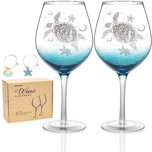DOUDIZHU Weingläser, Meeresschildkröte, 625 ml, Blaugrün, 2 Stück | Mundgeblasene bleifreie Gläser für Rot- und Weißwein. Geschenke für Schildkrötenliebhaber, Muttertag, Hochzeit