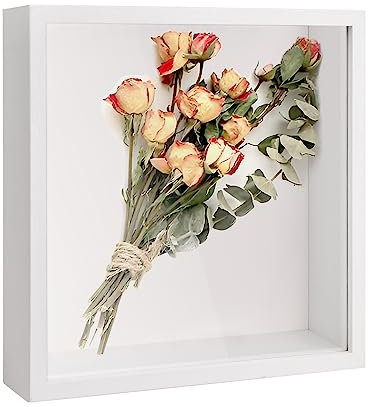Daelesr 3D Bilderrahmen, Schattenbox Vitrine mit Transparente Acrylplatte Rahmen, Tiefer 3D Objektrahmen, Hölzern 3D Rahmen für Medaillen Blumen Erinnerungsstücke Foto (Weiß 27x27cm)
