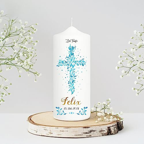 Wandtattoo Loft Taufkerze Junge personalisierte Patenkerze, Motiv mit blauen Kreuz aus Blättern, 18cm x 7cm, personalisierte Kerze, bedruckte Kerze Taufe, Stumpenkerze, Taufgeschenk