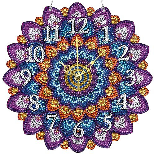 DIY 5D Diamond Painting Wanduhr, Diamant Malerei Uhr Stickerei Kreuzstich Mosaik, Diamant Painting Wand Uhr mit Kette Schlafzimmer Wohnzimmer Deko (C)