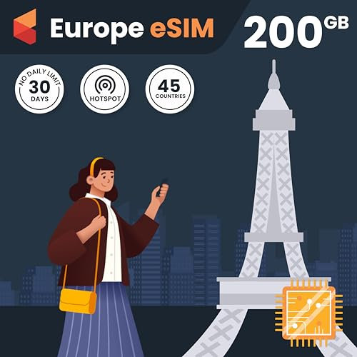 SimCorner Europe & UK Travel eSim Card - BIG 200GB Data. 30 Days. No Daily Limit. Use In 45 Countries. Data Only International Travel eSIM Card For eSim Compatible Mobile Phone, Ipads, Tablets