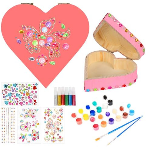 HAKOTOM 2pcs Schmuckkästchen Bastelset Kinder Holz Schatzkiste Basteln Herz Holzdosen zum Bemalen Holzbastelsets Kreative Geschenke für Mädchen Kindergeburtstag DIY Kreative Spielzeug