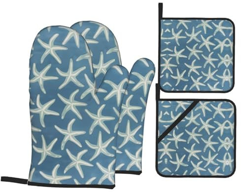 Lot de 4 maniques et maniques en laine motif étoile de mer côtière - Résistants à la chaleur - Avec coussinets chauds - Pour la cuisine et la pâtisserie