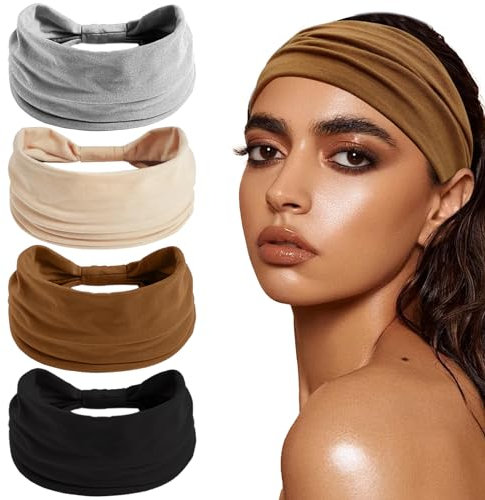 4 Stück Stirnband Damen Elastische, Breite Mode Haarband Haarschmuck, Weiche Boho Haarbänder Leopard Print Haarbänder für Damen (Braun, Grau, Schwarz, Beige)